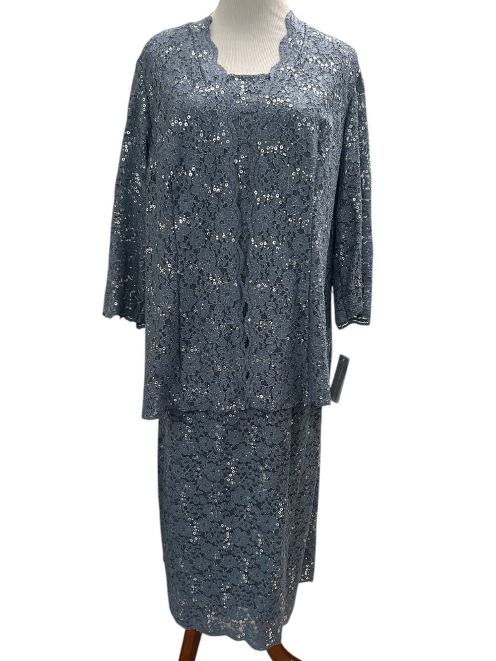 Alex Evenings Womens Sz. 14W Jacket Dress 2 Piece Set Steel Blue Embellished NWT